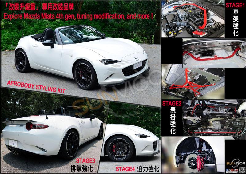 AutoExe11月號Top Gear介紹Mazda 第四代MX-5的車主分享，車主們也想了解專用改裝產品跟原廠的設定有何不同? 如何令MX-5演進 「達到人馬合一的境界」!我們從車身包圍到Stage 1~5 安裝實錄讓大家感受一下