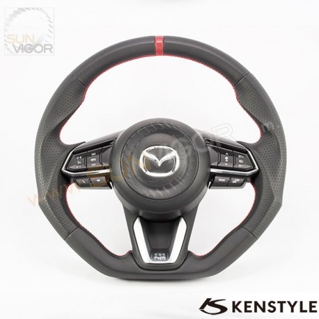 17-18 Mazda3 [BM, BN] Kenstyle D-Shaped Red Center Line NAPPA Leather Steering Wheel MD03