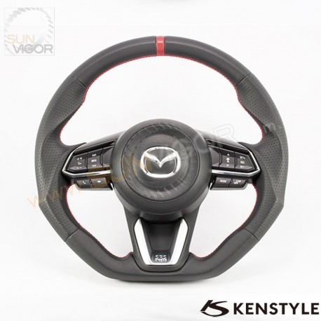 2019+ Mazda2 [DJ] Kenstyle D-Shaped Red Center Line NAPPA Leather Steering Wheel MD03