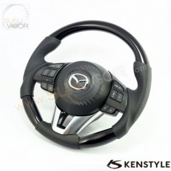 15-18 Mazda2 [DJ] Kenstyle D-Shaped Wood Piano Top Leather Steering Wheel MA05