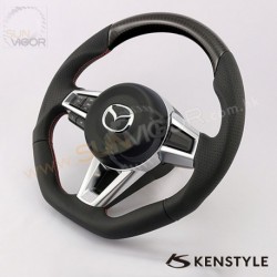 2016+ Miata [ND] Kenstyle D-Shaped Leather and Carbon Fibre with double stitching Steering Wheel MC03
