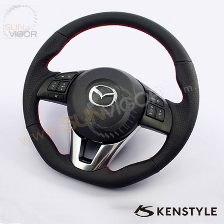 13-16 Mazda6 [GJ] Kenstyle D-Shaped Leather Steering Wheel with red stitching MB01